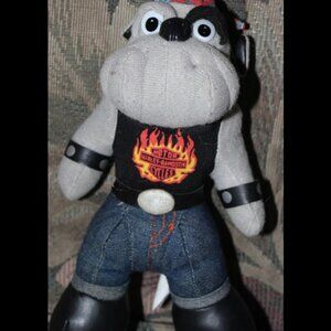 HARLEY DAVIDSON 9" BULLDOG PLUSH STUFFED TOY W/ BLACK BIKER SHIRT.